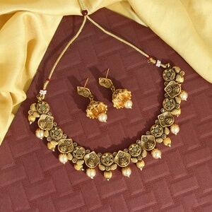 Green Color Matte Gold Temple Necklace Set